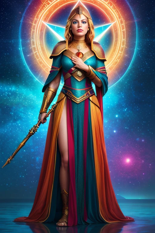 a realistic digital painting of (Emma Stone:1.0), In the sands of a timeless realm, a female human, representing an immaterial force akin to Anubis (photorealistic:1.35), balances the scales of life and death. Her stern face, marked by (mystical, timeless makeup:1.2), echoes her eternal duty. She wields a staff etched with (glowing ancient symbols:1.2), standing as the judge of souls. The timeless realm and her godly bearing capture her divine authority , Beachy waves with a slightly tousled, carefree vibe. wearing (As female Teal'c from Stargate SG-1, conceive a captivating piece in stunning 8K quality. Dress her in the traditional Jaffa warrior garb, complete with golden emblem and staff weapon. Place her in the training room at the SGC, engaged in a fierce training session. The vivid colors and attention to detail will create a truly powerful representation of this formidable character.:1.2) , (She stands tall, one foot slightly in front of the other for balance. Both arms are stretched wide, exuding confidence. Her gaze is directed upward, symbolizing ambition and aspiration.:1.1) ,(striking contrast,concept art,ethereal,intricately designed,A mesmerizing, hyper-realistic portrayal,global illumination,hyperrealism,best quality,lifelike textures,fantasy art,Dramatic,Photorealistic Painting,masterpiece,unforgettable illustration,dramatic lighting,atmospheric lights,trending on ArtStation,realistic lighting,award-winning digital painting,cinematic lighting,cinematic,atmospheric lighting:1.2), glasstech, transparent, scifi