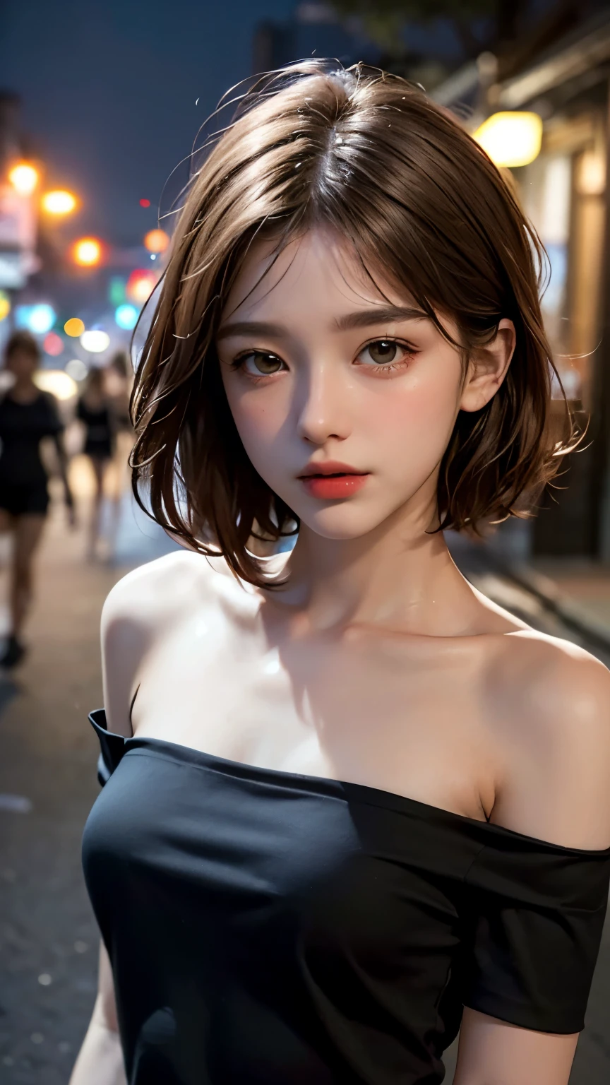 highest quality, masterpiece, Ultra-high resolution, (Realistic:1.4), RAW Photos, One girl, Off the shoulder, In the Dark, Deep Shadow, Modest, Night Alley, short hair, roadside,walking, 20-year-old,Cute face, Small breasts, Tight shirt,(head shot:1.5)