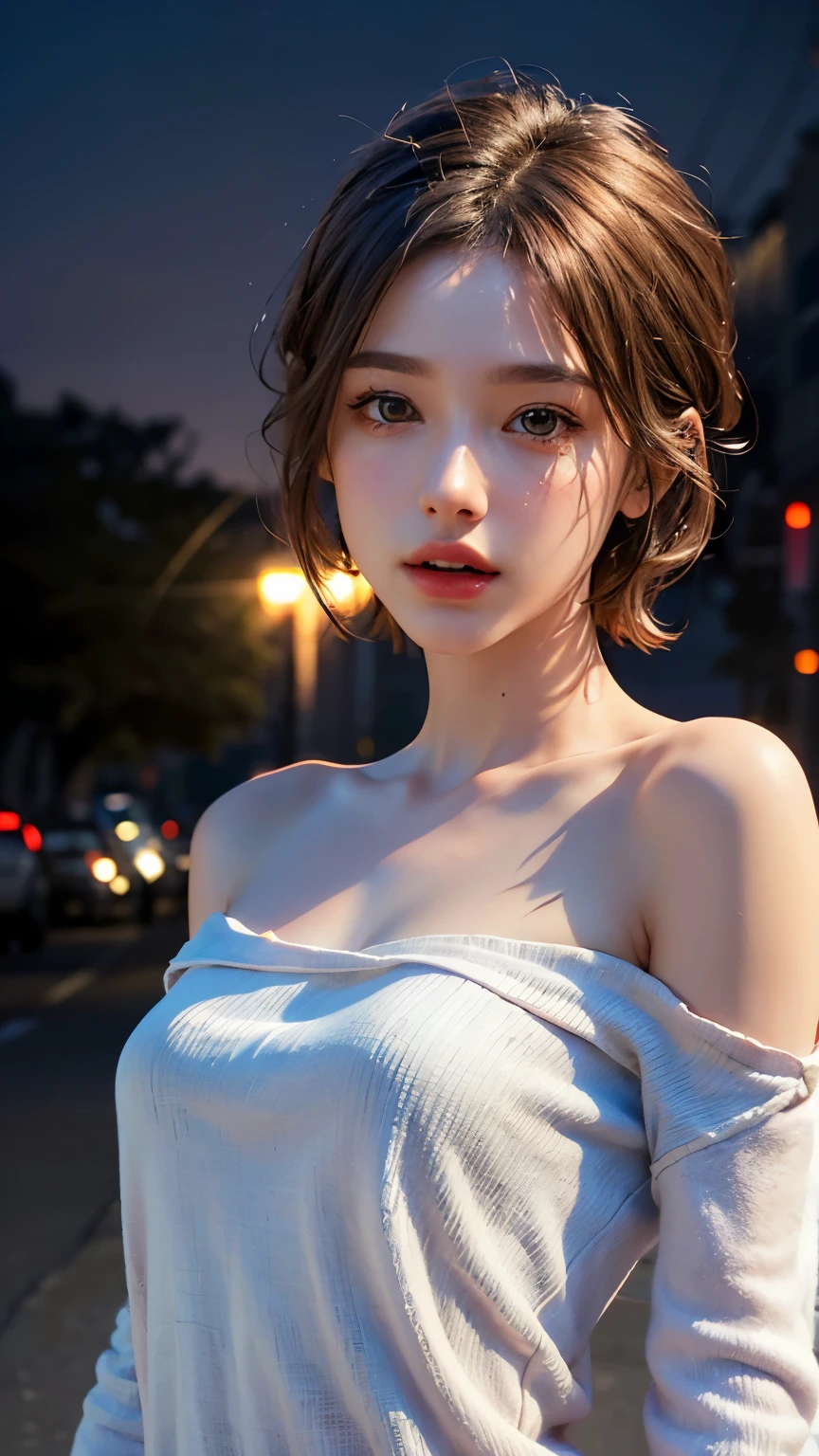 highest quality, masterpiece, Ultra-high resolution, (Realistic:1.4), RAW Photos, One Girl, Off the shoulder, In the Dark, Deep Shadow, moderate, Night Alley, short hair, roadside,walking, 20-year-old,Cute face, Small breasts, Tight shirt,(head shot:1.5)
