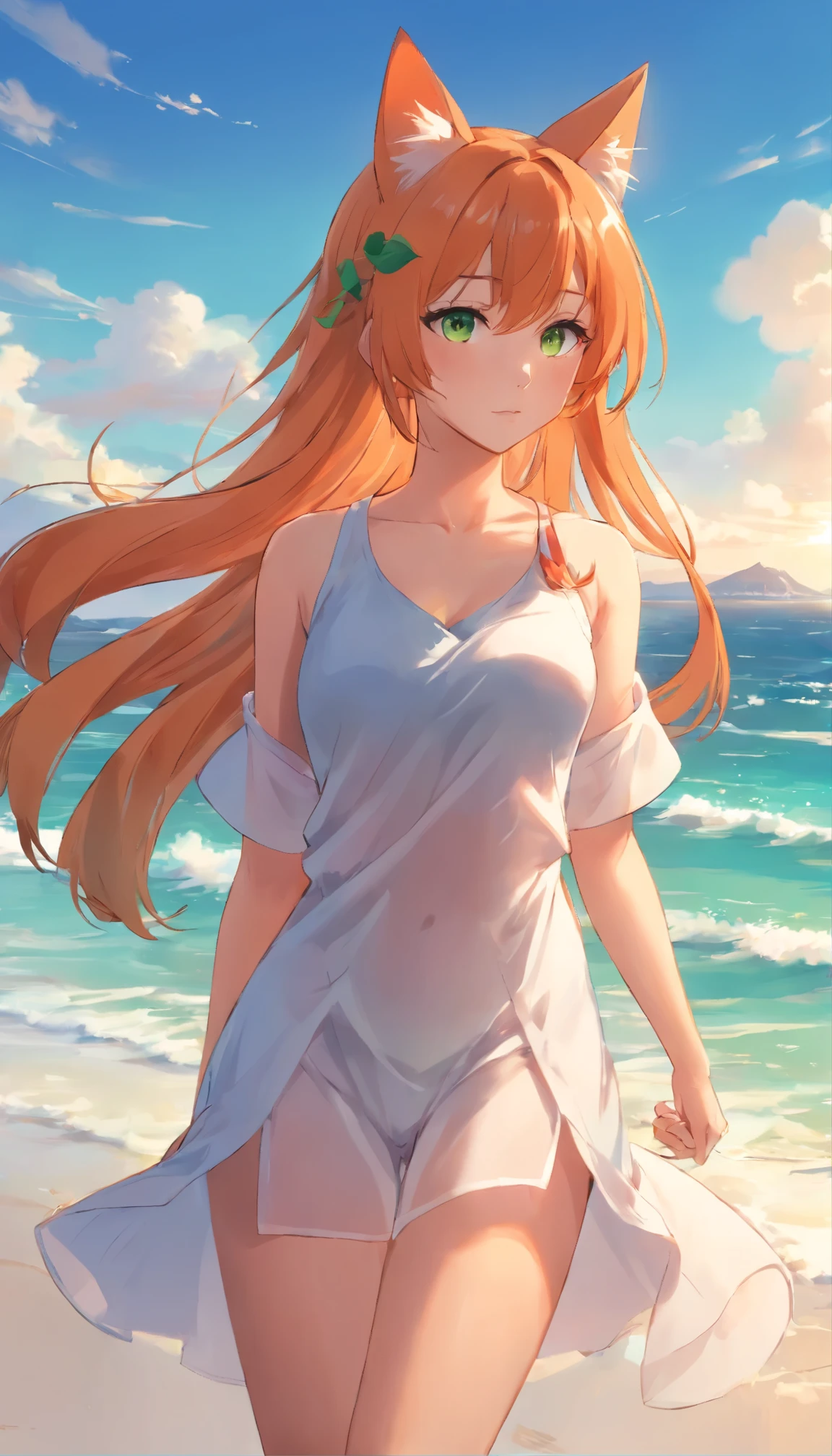 anime girl with long orange hair standing on beach near ocean, green eyes detailed digital anime art, cat ears, , anime girl with long hair, smooth anime cg art, anime girl with long hair, average breast size, digital anime art, artwork in the style of guweiz, beautiful anime portrait, photorealistic anime girl render, beautiful anime girl, advanced digital anime art, pantyhose, guweiz on artstation pixiv upscale HD UHD HQ
