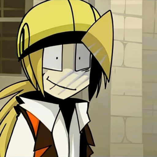 karllot, solo, long hair, blonde hair, bikini, 1boy, hat, upper body, ponytail, smile