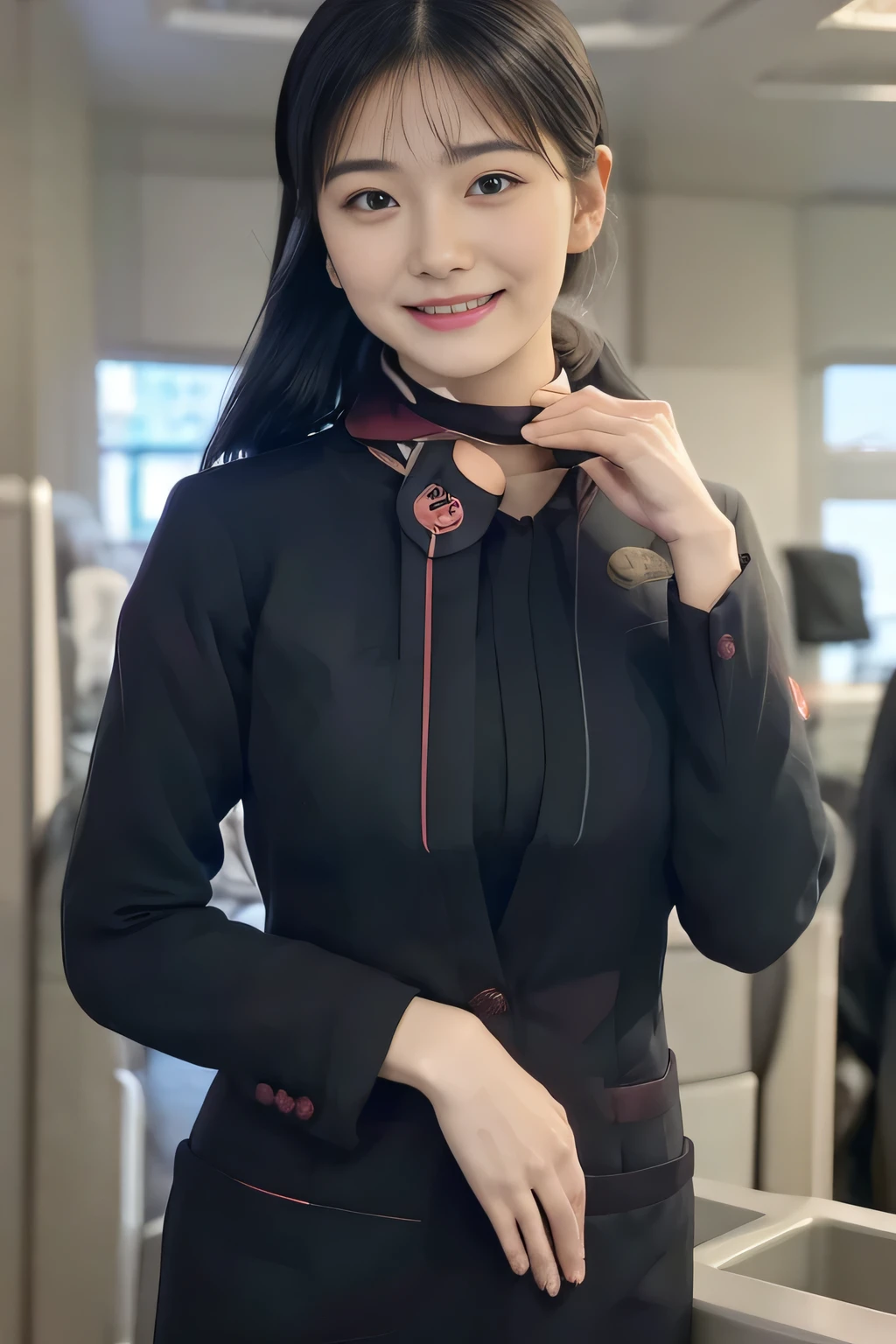 (masterpiece:1.2、highest quality:1.2)、32K HDR、High resolution、(alone、1 girl、Slim figure)、(Realistic style with JAL cabincrew uniform)、 (At the airport counter, Professional Lighting)、A proper woman, Beautiful Face,、(JAL cabincrew uniform)、(Long sleeve JAL cabin crew uniform)、(Scarf around the neck)、Big Breasts、(Long hair updo、Chignon)、Dark brown hair、Long Shot、((Fine hand:2.0))、((Harmonious body proportions:1.5))、((Normal limbs:2.0))、((Normal finger:2.0))、((Delicate eyes:2.0))、((Normal eyes:2.0)))、Beautiful standing posture、smile