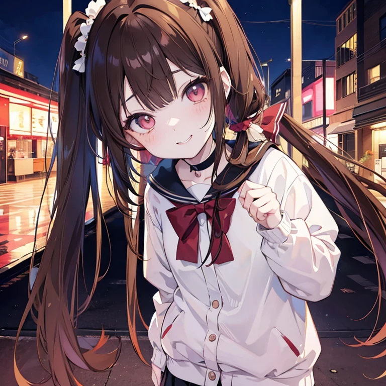 Anime girl pale skin brown hair with two pigtails on both sides, ojos morados grandes, anime, con sonrisa delgada, una gargantilla en el cuello, anime, con reflejos morados en el cabello, estilo anime, 