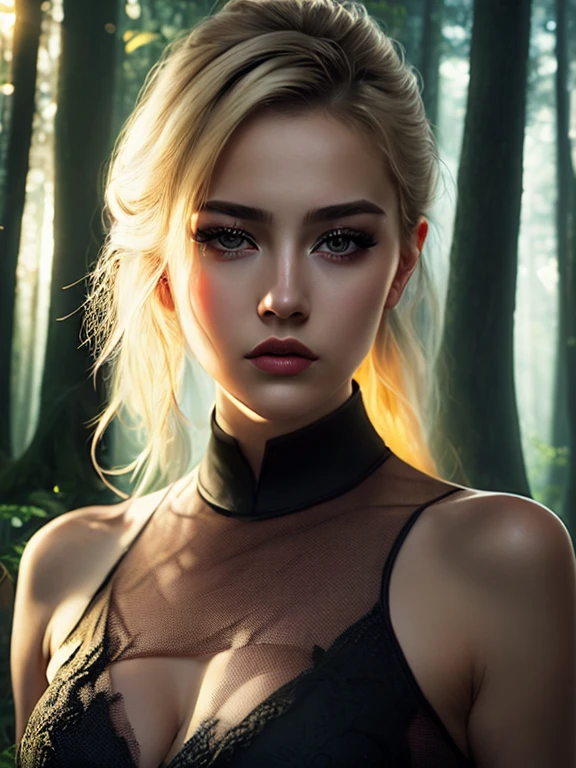 Close-up of a beautiful woman in the forest with heavy makeup, soft volumetric light, (backlight: 1.3), (movie: 1.2), intricate details, (ArtStation: 1.3), Rutkowski blonde hair