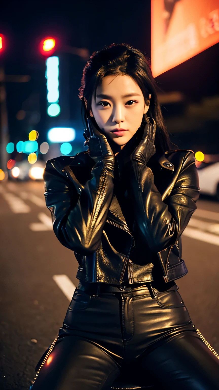 black leather rider jacket, Office in the Dark, Black leather gloved fingertips on both hands,Wearing black leather gloves,Sitting in a black leather chair、 Japanese female new recruits (Black leather gloves cover both hands) (The angle is horizontal)、Black Leather Pants,Black Leather Black Leather Pants,Black Leather Skinny Pants、Long black leather boots on both feet、Black hair ponytail ((He wears black leather gloves on his hands))Full Body Photo,full body shot full body full body leather suit,☺If you turn in this direction。Wearing black leather gloves,Wearing black leather gloves,Wearing black leather gloves,Wearing black leather gloves,Wearing black leather gloves,Wearing black leather gloves,黒のレザーパンツが美しい😍黒のレザーパンツが美しい😍黒のレザーパンツが美しい,😍Smiling while looking at me,City lights、((Neon Cyberpunk City Street:1.3))、(Neon Light)、Detailed lighting、
Best image quality、Ultra-high resolution、(realism:1.4)、Korean Beauty Star、The most beautiful KPOP stars、face、Horny Korean Makeup、A body that makes you want to touch it、Realistic leather texture、Costume made of smooth leather fabric、The drape of the curved parts of the leather fabric、The costume is very shiny、Quality of the costume、8K Photo Quality