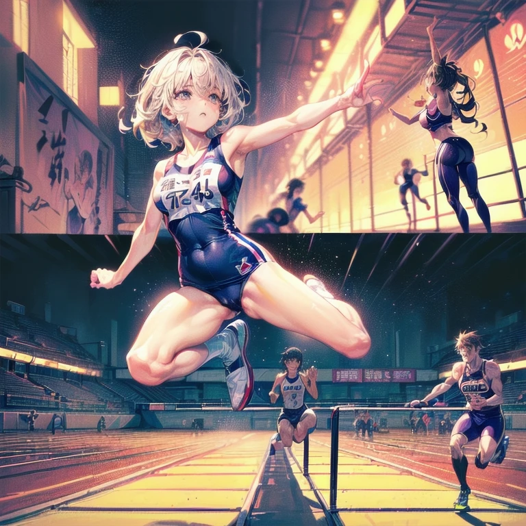 (Create photorealistic masterpieces with 16K resolution, Set HDR level to 1.3, Absolute clarity of resolution:1. Fine detail setting 1 for ultra-detailed perfection.1. Professional color grading、Realizing beautiful cinematic images。.),
break
(A Japanese high school girl who is a member of the track and field club、He is jumping over the hurdles with a look of hard work on his face.。. Dynamic and lively scenes. High-quality Japanese sports manga.:1.6),
Perfect Anatomy, (Perfect Fingers, Perfect hands:0.6),
break
(The background is athletics, Depth of written boundary:1.3),Camel Toe、Giant tit、Nipple Puffs、Cleavage、Plump、Super big breasts、Super big butt