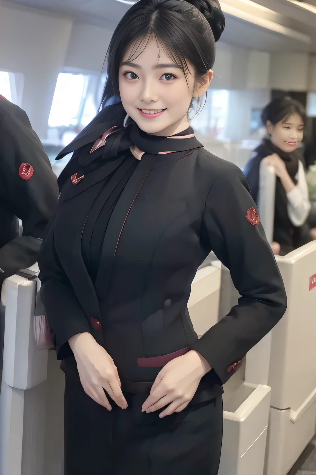 (masterpiece:1.2、highest quality:1.2)、32K HDR、High resolution、(alone、1 girl、Slim figure)、(Realistic style with JAL cabincrew uniform)、 (At the airport counter, Professional Lighting)、A proper woman, Beautiful Face,、(JAL cabincrew uniform)、(Long sleeve JAL cabin crew uniform)、(Scarf around the neck)、Big Breasts、(Long hair updo、Chignon)、Dark brown hair、Long Shot、((Fine hand:2.0))、((Harmonious body proportions:1.5))、((Normal limbs:2.0))、((Normal finger:2.0))、((Delicate eyes:2.0))、((Normal eyes:2.0)))、Beautiful standing posture、smile