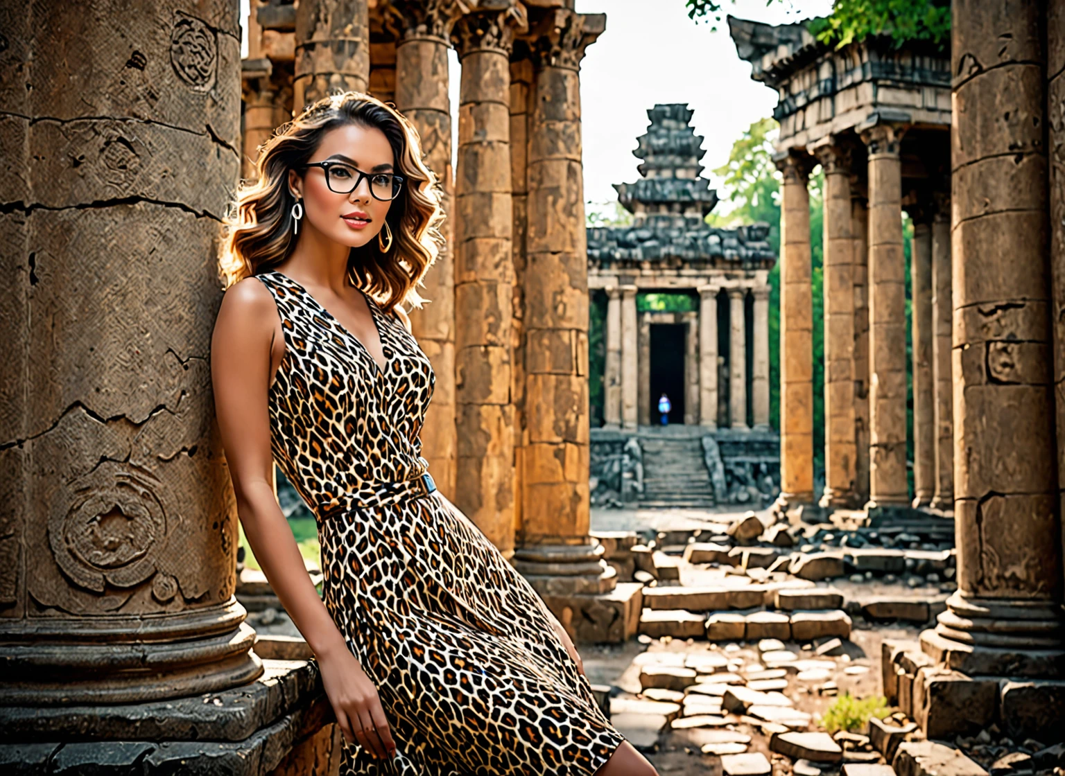 Beautiful woman, well postured, with an unparalleled beauty on her face, captivates and enchants anyone who looks at her; She wears rectangular prescription glasses with animal print details; your skin touched by sunlight makes the scene even more stunning. Her clothes are long and with mixed colors. In the background, the ruins of an ancient temple with many entrances almost falling down, the scene is bathed by a dense forest with branches in the construction; next to the main scene, a solitary tree helps to adorn the woman's beauty. To capture this extraordinary scene, it would be necessary to use the best camera available, equipped with high-resolution lenses and the ability to capture light in adverse conditions. A high-end digital medium format camera is recommended, such as the Phase One XF IQ4 150MP, capable of capturing incredible detail and vibrant colors even in low-light conditions. To compose the image, it would be ideal to use a wide-angle lens to capture the entire length of the launch platform and the sea in the background. The aperture of the diaphragm must be adjusted to allow enough light in while maintaining depth of field to ensure that both the woman and the scene are in focus. Furthermore, the use of advanced post-processing techniques would be essential to enhance image details, adjust exposure, and balance colors to achieve maximum visual impact.