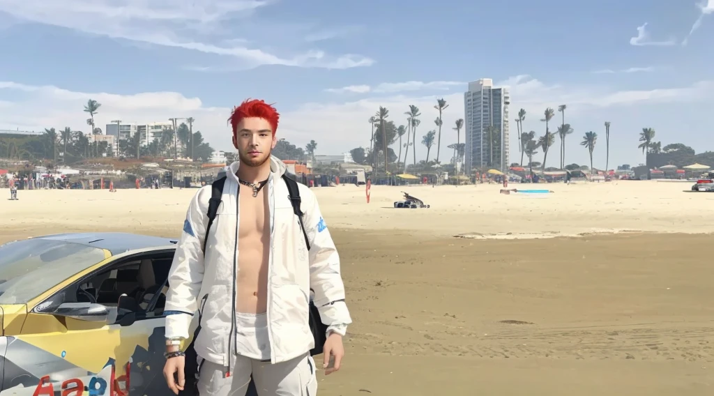 there is a man standing next to a car on a beach, handsome boy with red hair color