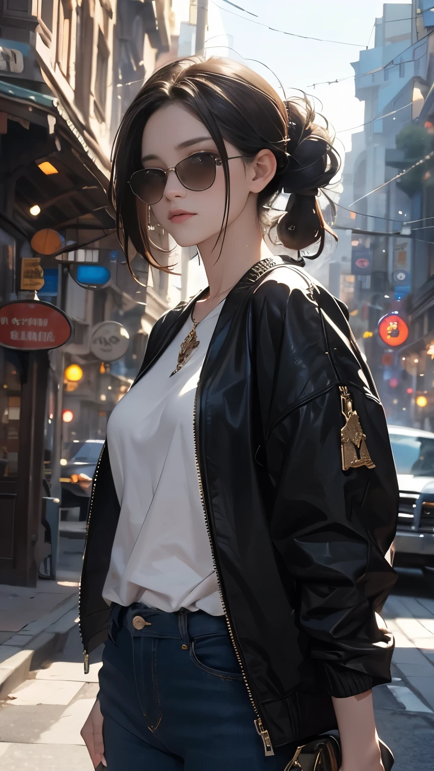 Photo of a beautiful woman standing on a street corner, Perfect model body shape, Stylish pants style, Stylish jacket, sunglasses, Very stylish, with influence of Jeremy Mann, Jeremy Mann, style of Jeremy Mann, Jeremy Mann painting, Jeremy Mann art, Ron Hicks, Liepke, Jeremy Mann and alphonse mucha, Works that influenced Edmund Blampidt, Robert Lenkiewicz, Casey Bo and James Jean, Works that influenced Willem Kalf, Nick Alm, tumbler, Figurative art, Intense watercolor, Watercolor detailed art,Beautiful and expressive paintings, Beautiful artwork illustration, wonderful, Cool Beauty, masterpiece, highest quality, Official Art, Perfect composition, The perfect angle, Best Shot, Perfect subject, women only, Sharp contours, romantic, Sulky, Very beautiful and detailed, Beautiful and delicate eyes, Ideal animation, sentimental, Milan, close