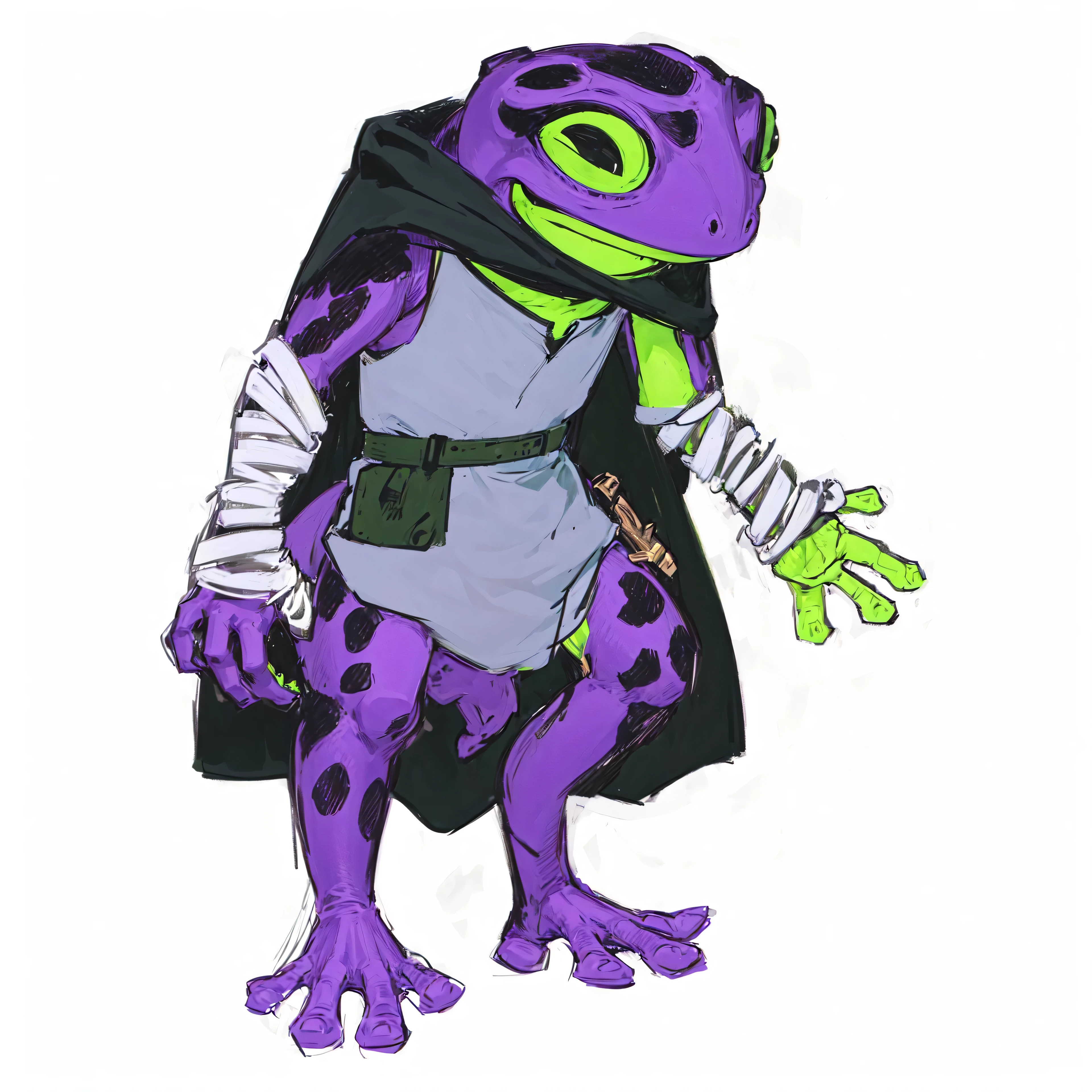 a cartoon frog dressed in a costume and a cape, cyberpunk frog, anthropomorphic turtle humanoid, as an anthropomorphic turtle, kermit the frog as thanos, alien frog, anthropomorphic turtle hero, anthro gecko, donatello, humanoid turtle monster, anthropomorphic turtle, lizardfolk, anthro lizard, lizard person