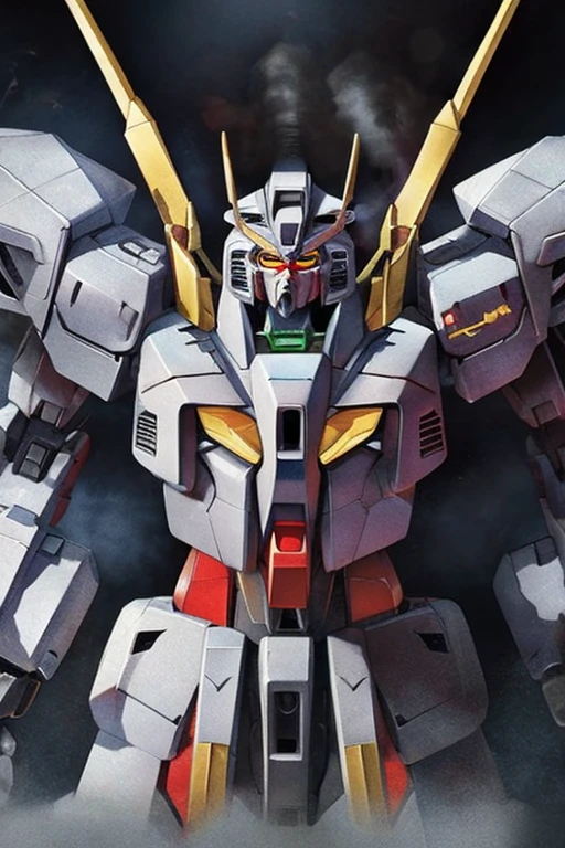 hector trunnec, masterpiece, best quality, a Gundam mecha, smoke, glowing eyes, standing, close-up