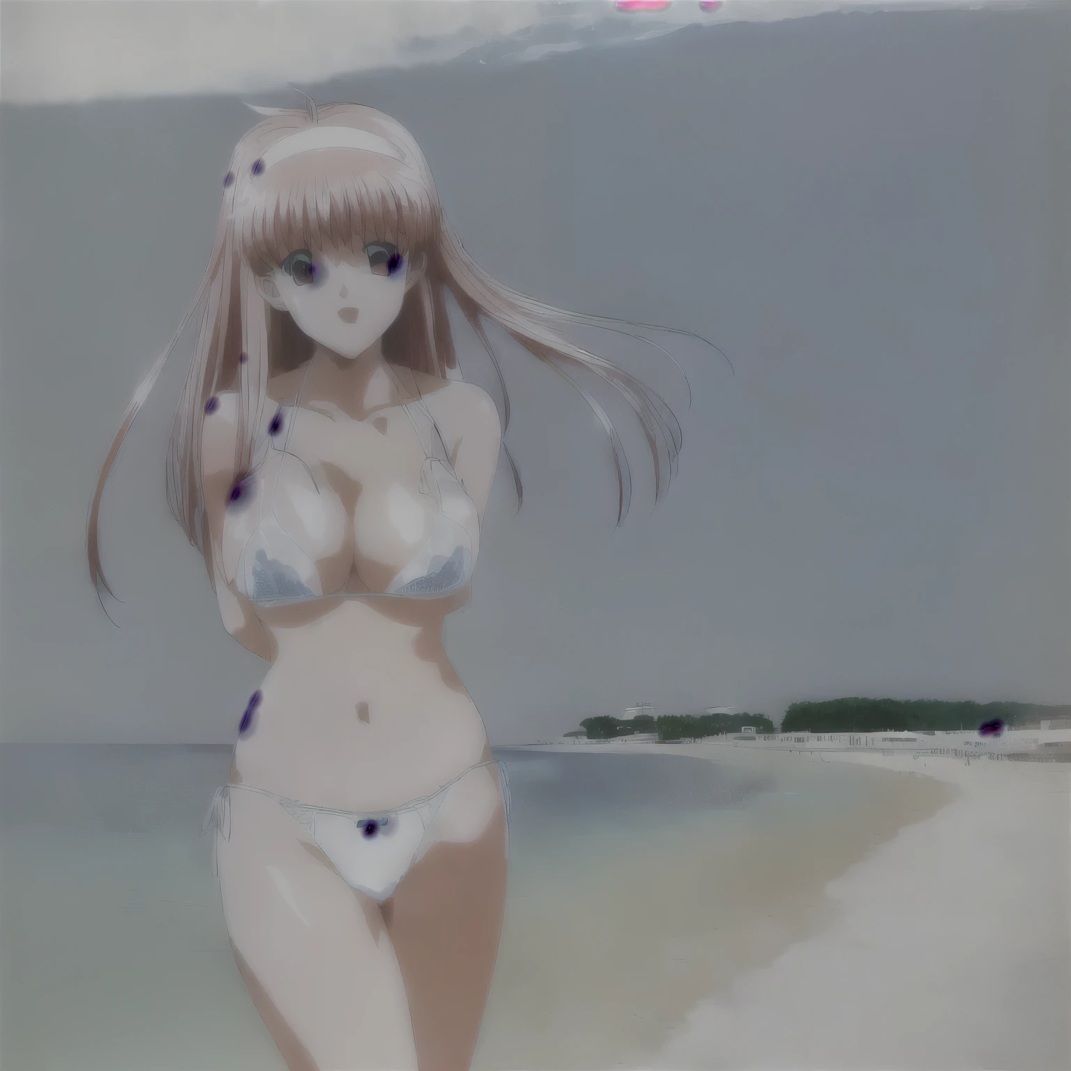 Anime girl in a wet, see-through white micro mini triangle bikini on the beach with her hands on her head, Realistic Bikini, :Pink nipples,Wet and see-through white high leg panties,Large Breasts,Big Ass,