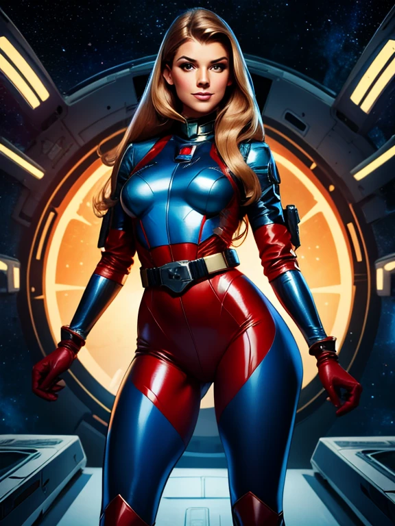 Best quality illustration, space beautiful vintage woman,long hair, looking to observer, LITTLE SHY SMILE, tight hi-tech armor suit beige, RED and blue with intrincated details,glossy pantyhose, adjusting hi-tech gloves, militar tactical belt, thighs and knee,spaceships scenario,difuse lights