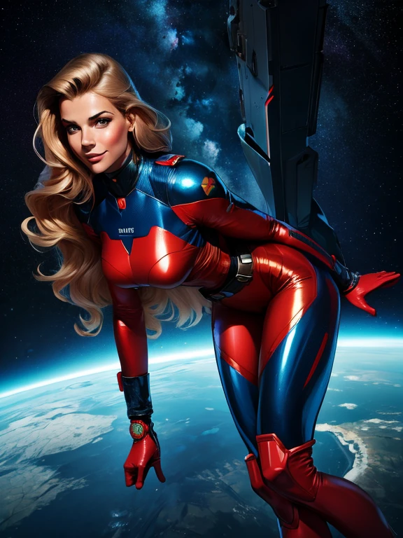 Best quality illustration, space beautiful vintage woman,long hair, looking to observer, LITTLE SHY SMILE, tight hi-tech armor suit beige, RED and blue with intrincated details,glossy pantyhose, adjusting hi-tech gloves, militar tactical belt, thighs and knee,spaceships scenario,difuse lights