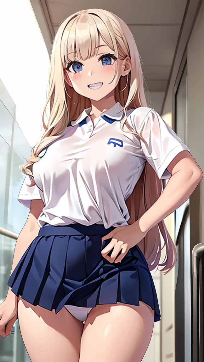 masterpiece,highest quality,High resolution,Anime Style,(One high school girl:1.2), (((A plain white polo shirt), Blue checkered pleated skirt), (White sneakers), White socks, White panties),(Smiling with some teeth showing:1.3),(hairs color light pink, Wavy mid-length hair, Gal Makeup, Eyelash extensions, Make your eyelashes thinner and longer:1.3), (Panty shot, The subject is seen by the viewer from below:1.2), (clothing that fits:1.1), (School corridor:1.3)