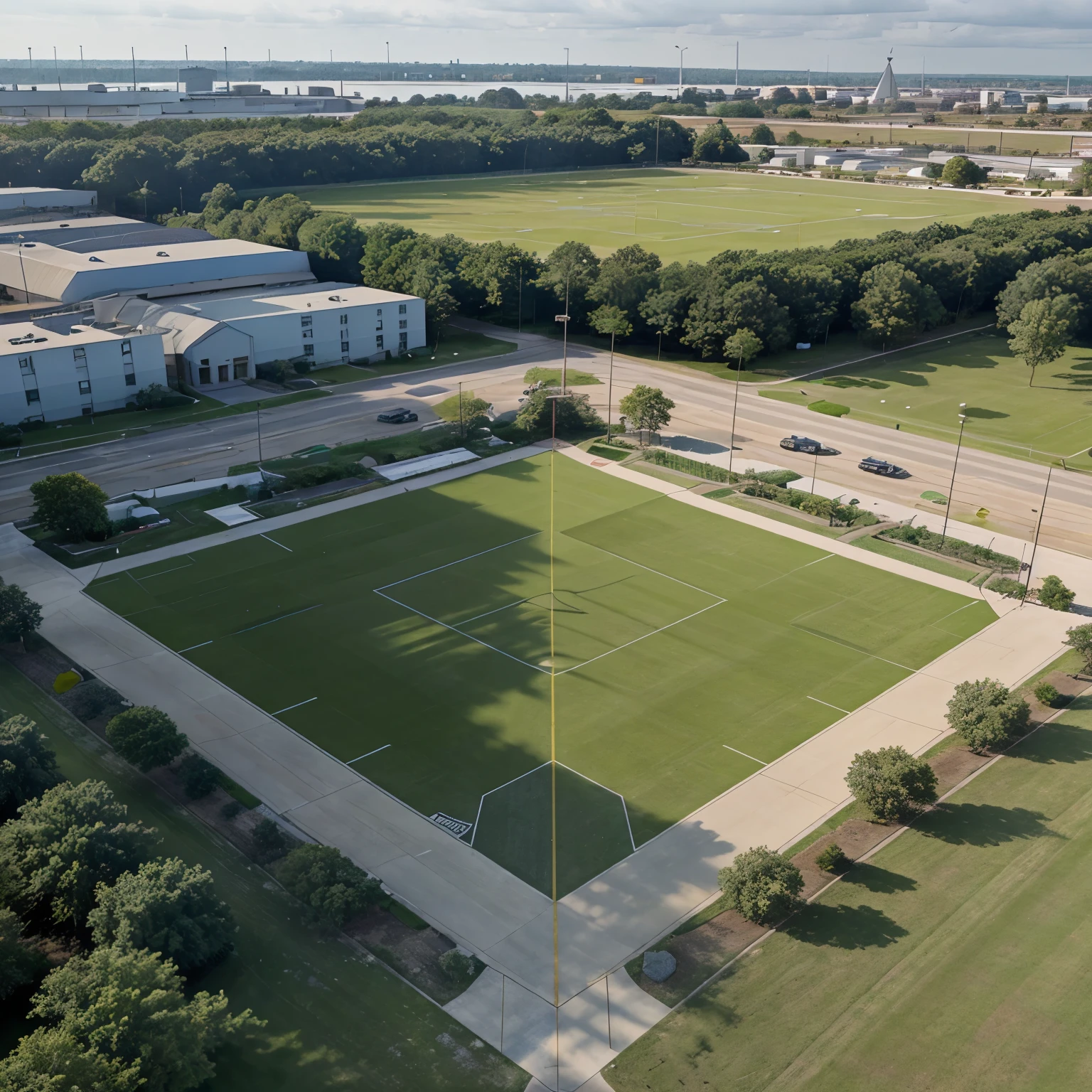 2d triangle General site architecture and site planning a triangle land for an aviation academy with one airplane runway, wide span hangar, three centric mass with hannged bridges plus a radar tower next to the runway and a student residence sustainable landscape football field basketball court outdoor swimming pool and some separated water spaces