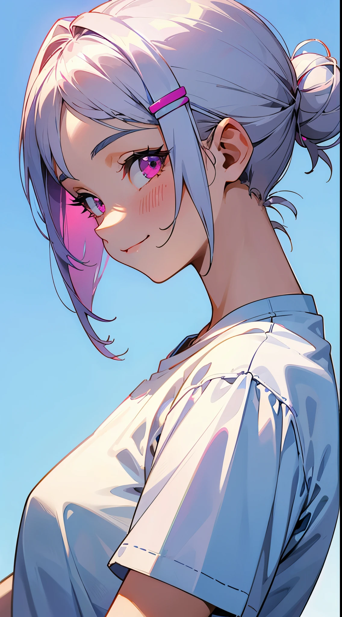 -yeld gi Short silver bob hair tied in a bun with a hair clip, Pink Eyes、Sky blue solid color background, Pure blue background, Dark blue background, White T-shirt,  smile、Upper body close-up、From the side、Side body