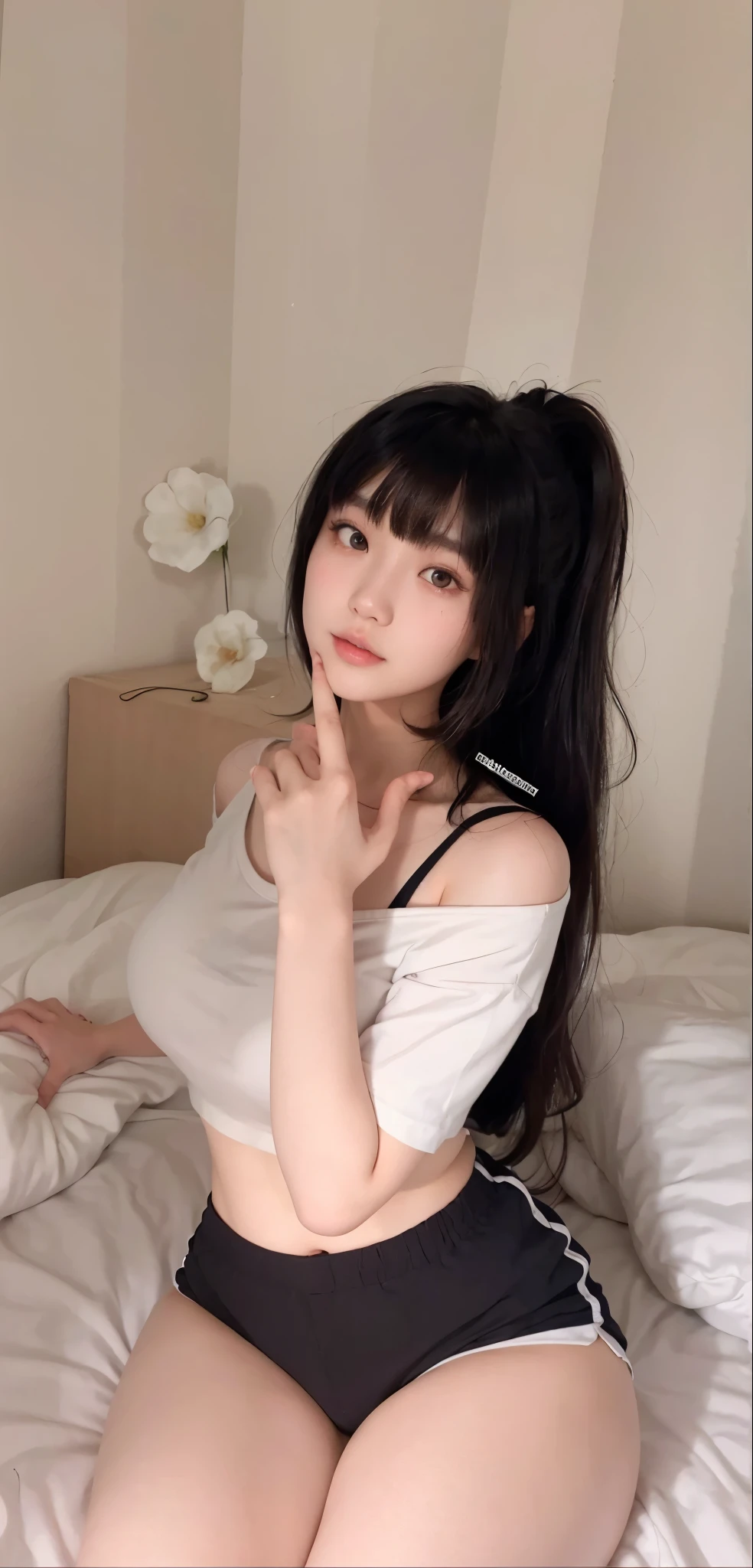 arafed asian woman with a white shirt and blue shorts, lalisa manobal, 18 years old, young cute wan asian face, with bangs, gemma chan beautiful girl, 1 8 yo, gorgeous chinese model, gorgeous young korean woman, beautiful asian girl, ayami koj ima, instagram model, neat hair with bangs, young asian girl