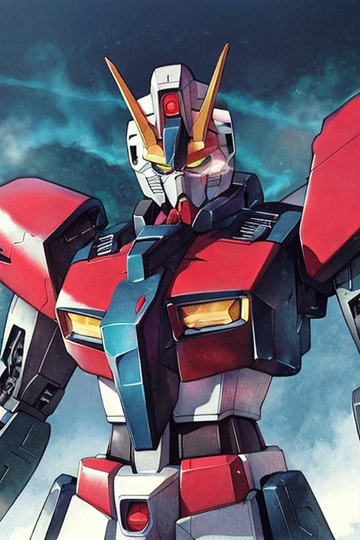 hector trunnec, masterpiece, best quality, a Gundam mecha, smoke, glowing eyes, standing, close-up