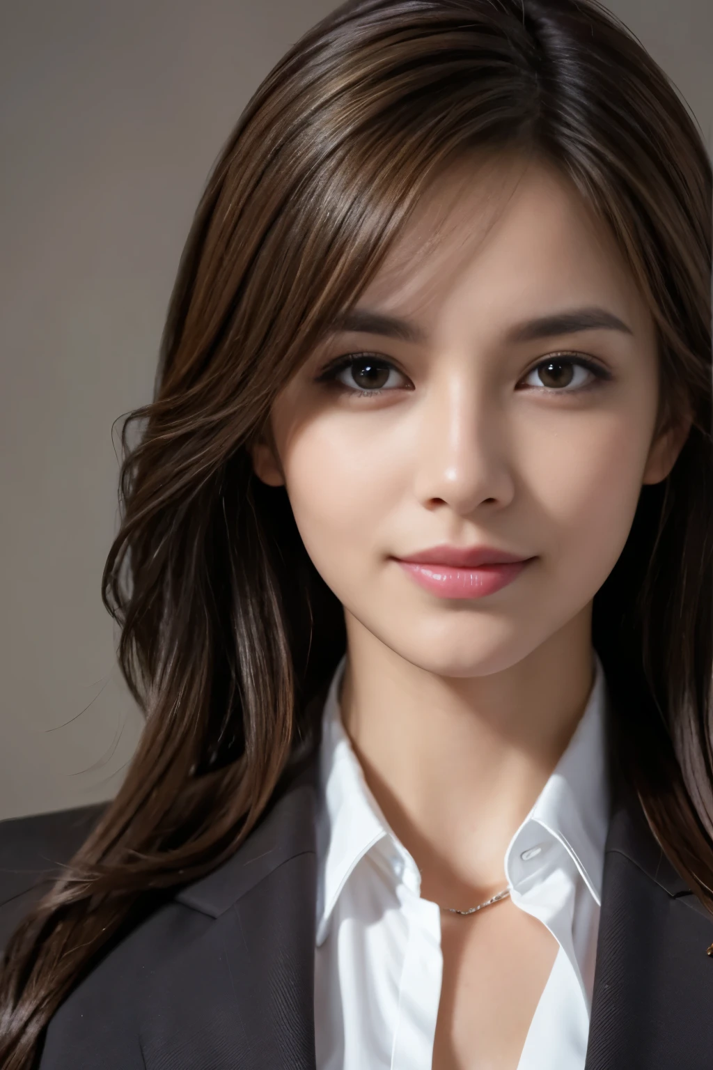 Tabletop, highest quality, Realistic, Very detailed, In detail, High resolution, 8k wallpaper, One beautiful woman,, Light brown messy hair, Wearing a business suit, Sharp focus, Perfect dynamic composition, Beautiful fine details, Fine hair, Detailed and realistic skin texture, smile, Close-up portrait, Model Body Type