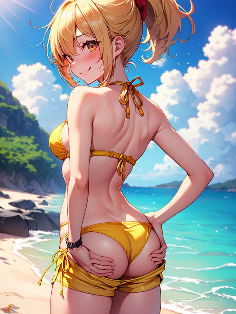 (highest quality, High resolution, perfect pixel, Depth of bounds written, 4K), beach, detailed eyes, (1 lady), tall, (skinny body:1.2) , (thin thighs:1.2), (small butt), large breasts, blond hair, (ponytail:1.2), yellow, (short pants bikini:1.2), (cross halter), (panty strap:1.2), (standing), left Hand on Hip, (light smile), blush, sweat,