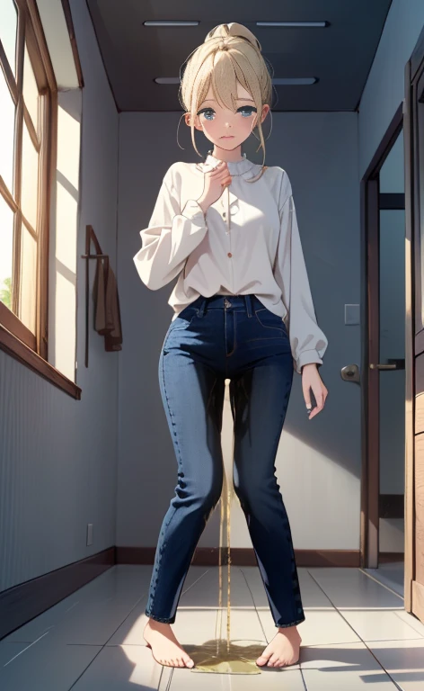 masterpiece, Very nice view, perspective, highest quality, Extremely detailed CG, 8k wallpaper, Ultra-high resolution, Highly detailed face, Highly detailed eyes, Perfect Anatomy, Highly detailed skin, Not safe at work, (Peeing on your own:1.8), (Pee stains:1.8),
(Dynamic Angle, Standing pose:1.2), indoor, Bathroom, (I want to pee), (Focus on the legs, whole body:1.2), (Beautiful Face, Beautiful Eyes, Beautiful feet:1.3),
One girl, 20-year-old, European women, Blonde, Short Ponytail, Blondeのポニーテール, amount, blue eyes, light makeup, blush, Scared, Panic, Are crying, tears, Open your mouth, shout, Large Breasts, (White blouse:1.4), Long sleeve, (((Place your hands between your legs))), skinny, Wide Hips, Narrow waist, (Flared jeans:1.4), (Dark Blue Jeans:1.4), (((Place your knees together and spread your legs))), (barefoot:1.2)
