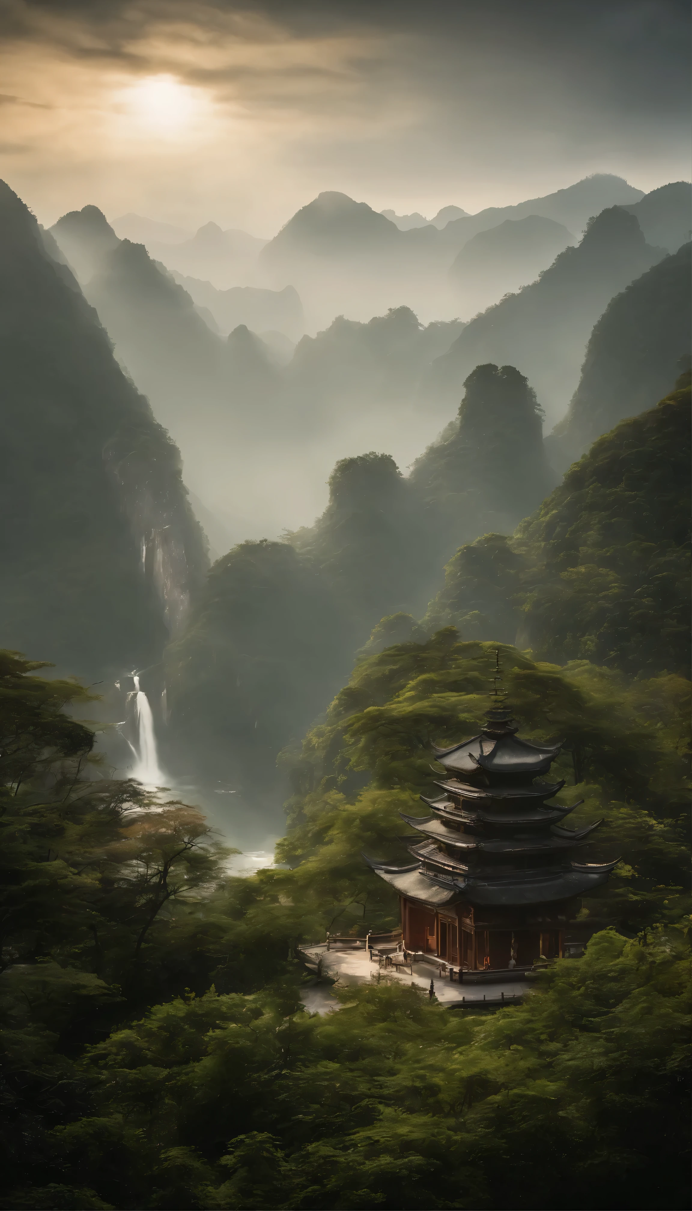 Witness the awe-inspiring and impressive fantasy landscapes painted by Han Gun, the esteemed winner of the CG Society competition。This masterpiece is、It shows the harmonious coexistence of nature and the ancient world.。At the center of this scene is、It features mountain views boasting breathtaking waterfalls cascading from towering heights。The mountains are adorned with lush greenery.、In the middle of it all stands a magnificent pagoda enveloped in a soft, mysterious glow.。Pagoda、The architectural wonder、From the Fog々and rose、Its wooden structure is、Echoes the serenity and grandeur of。