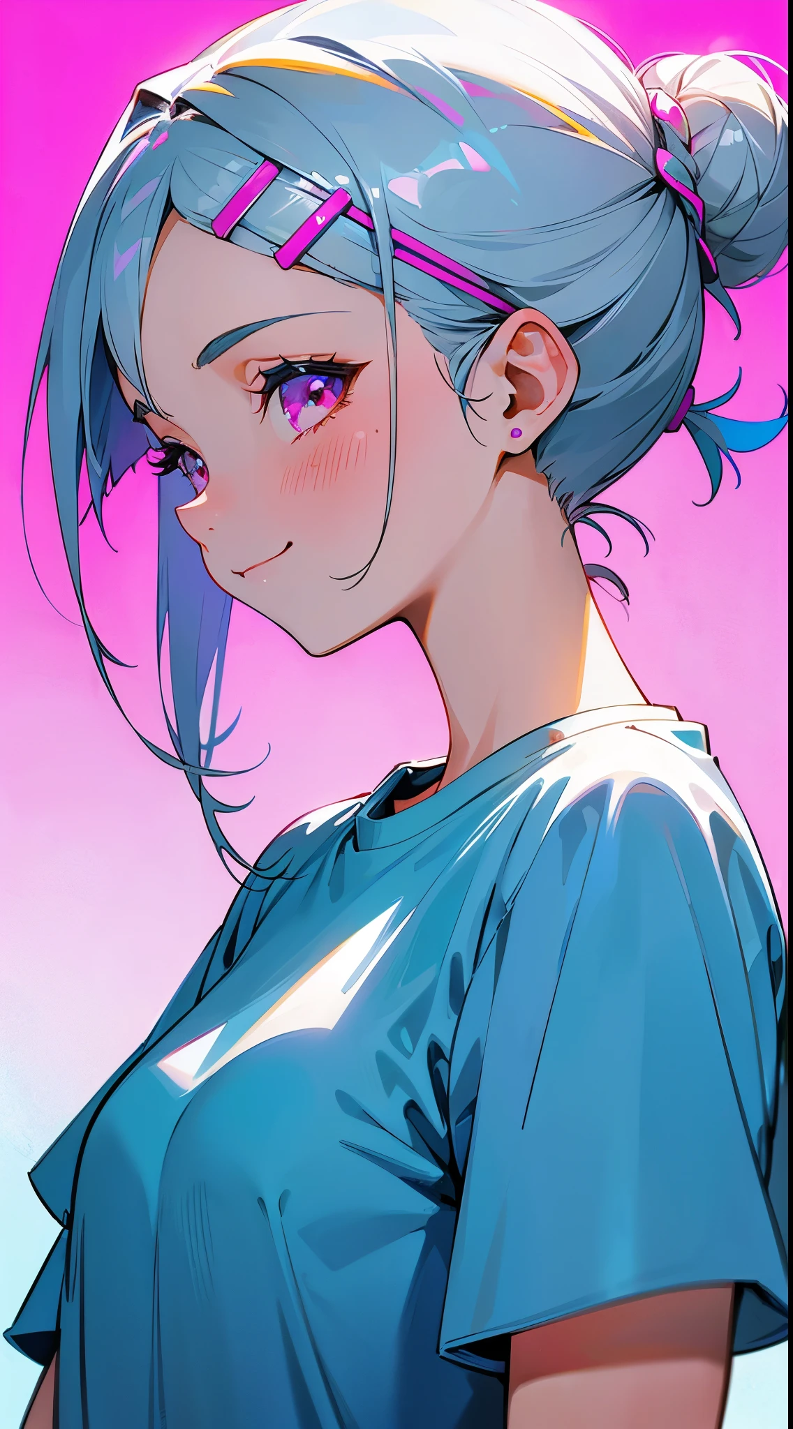 ****************, Short silver bob hair tied in a bun with a hair clip, Pink Eyes、Sky blue solid color background, Pure blue background, Dark blue background, White T-shirt,  smile、Upper body close-up、From the side、Side body