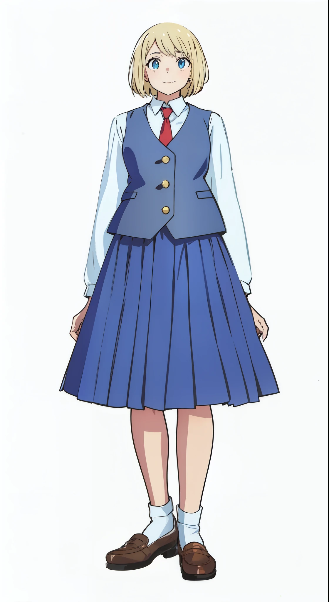 (cheerful:1.0), (white background:1.0), (best quality:1.0), (masterpiece:1.0), (super fine illustration:1.0), (beautiful artwork:1.0), (anime screencap:1.0), (official art:1.0), (solo:1.0), (european:1.0), (a 18yo cute girl:1.0), (long skirt:1.0), (blue skirt:1.0), (pleated skirt:1.0), (blue waistcoat:1.0), (white long sleeve collared shirt:1.0), (red necktie:1.0), (loafers:1.0), (white socks:1.0), (ideal ratio body proportions:1.0), (lanky:1.0), (tall:1.0), (slender:1.0), (small breasts:1.0), (smaller face:1.0), (detailed beautiful eyes:1.0), (detailed beautiful face:1.0), (glowing blue eyes:1.0), (bob cut:1.0), (swept bangs:1.0), (blonde hair:1.0), (standing:1.0), (looking at viewer:1.0)