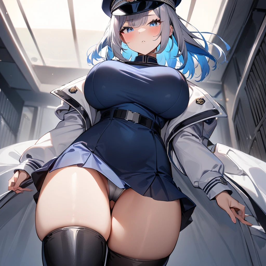 1 girl,Solo,standing,between thighs,masterpiece best quality,very aesthetic,absurdres,two-tone hair,medium bangs,big breast,crotch,silver and blue,Bluish silver,military hat,White jacket,jacket,sleeve,miniskirt