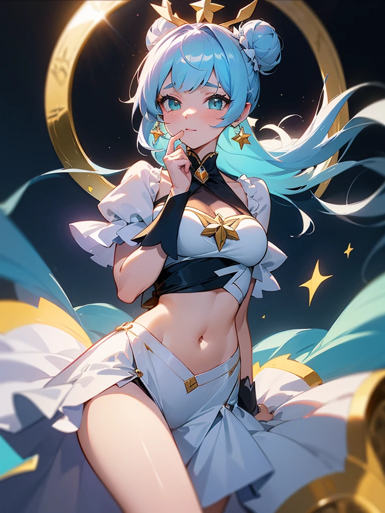 A detailed portrait of Sailor Mercury, beautiful detailed blue eyes, long eyelashes, beautiful detailed lips, extremely detailed face and features, short blue hair, sailor uniform, (white panties tucked in from the crotch, shaved) in a futuristic cityscape, lights neon, glowing energy effects, cinematic lighting, hyperdetailed, digital art, from below, from below, 8k, high resolution, masterpiece, accurate, anatomically correct, textured skin, high details, best quality, high resolution