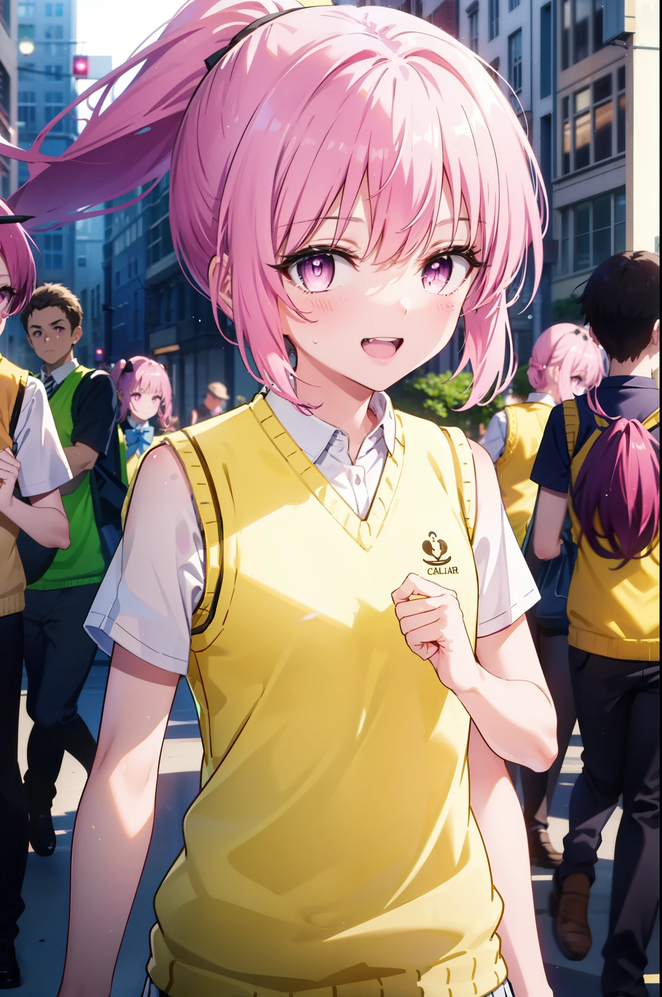 Nana Devil,  That Deviluke, tooth, Long Hair, (Pink Eyes:1.5), Pink Hair, ponytail, ponytail, (Flat Chest:1.2),happy smile, smile, Open your mouth,Demon Tail, 
,Black Sailor Suit,black pleated skirt,White pantyhose,Brown loafers,Sweater vest, (yellow Sweater vest:1.5), Short sleeve,morning,morning陽,The sun is rising,
break outdoors, In town,Building district,crowd, people々々
break looking at viewer, whole body,
break (masterpiece:1.2), highest quality, High resolution, unity 8k wallpaper, (figure:0.8), (beautiful deしっぽed eyes:1.6), extremely deしっぽed face, Perfect lighting, extremely deしっぽed CG, (Perfect hands, Perfect Anatomy),