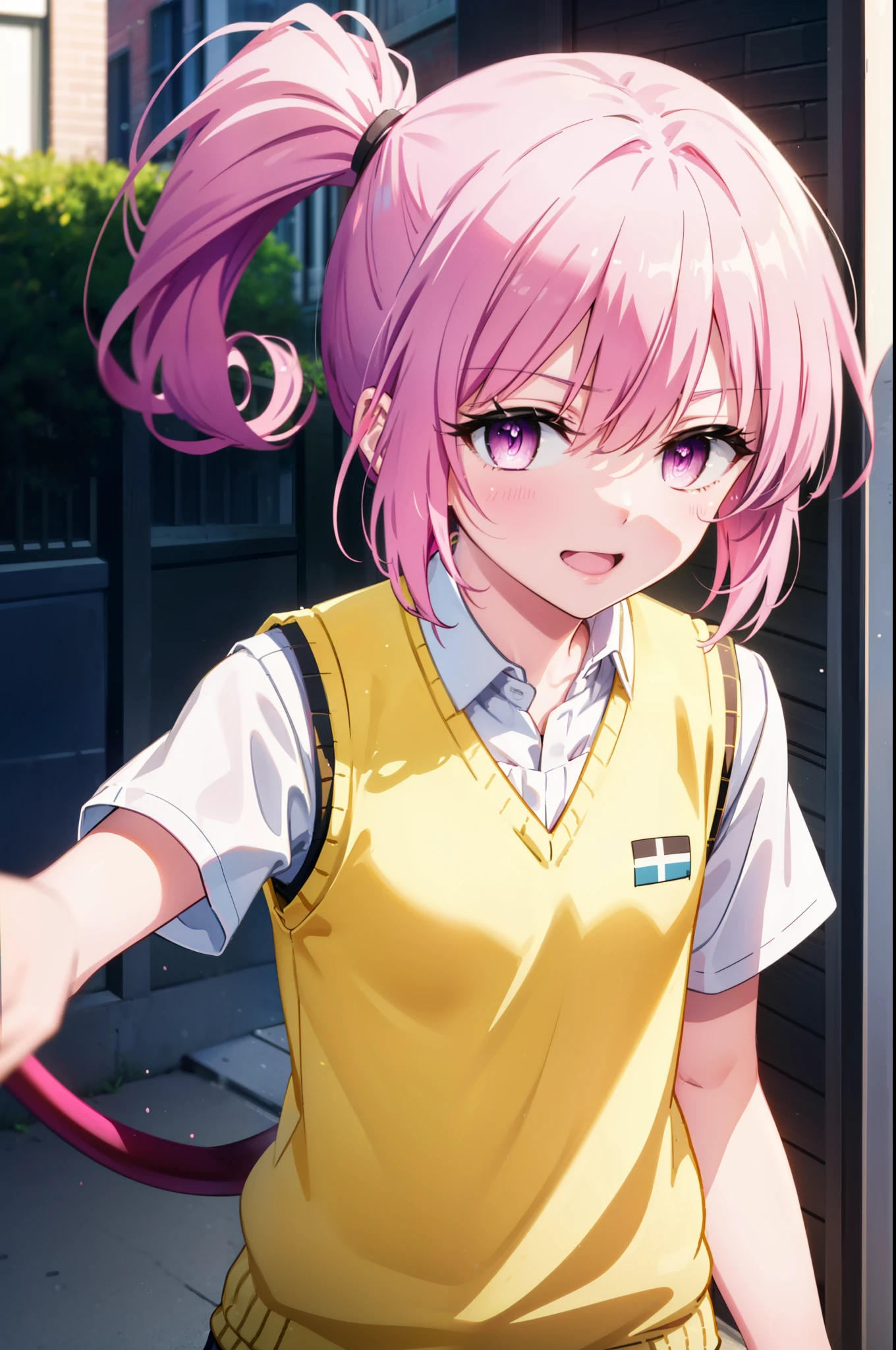 Nana Devil,  That Deviluke, tooth, Long Hair, (Pink Eyes:1.5), Pink Hair, ponytail, ponytail, (Flat Chest:1.2),happy smile, smile, Open your mouth,Demon Tail, 
,Black Sailor Suit,black pleated skirt,White pantyhose,Brown loafers,Sweater vest, (yellow Sweater vest:1.5), Short sleeve,morning,morning陽,The sun is rising,
break outdoors, In town,Building district,crowd, people々々
break looking at viewer, whole body,
break (masterpiece:1.2), highest quality, High resolution, unity 8k wallpaper, (figure:0.8), (beautiful deしっぽed eyes:1.6), extremely deしっぽed face, Perfect lighting, extremely deしっぽed CG, (Perfect hands, Perfect Anatomy),