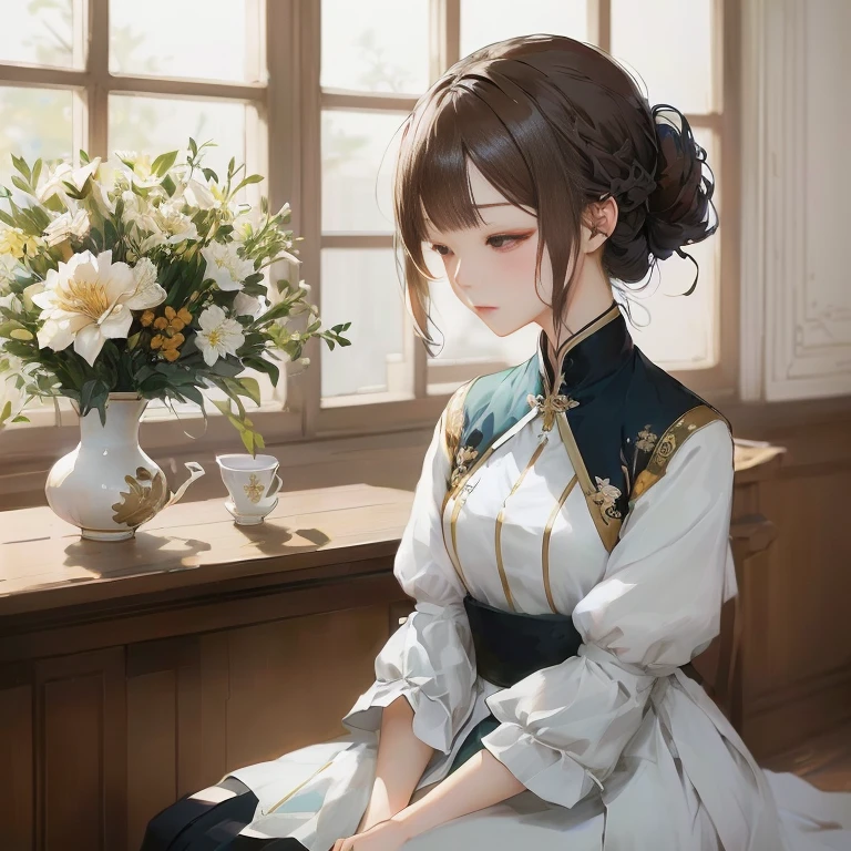anime girl sitting in front of a window with a vase of flowers, palace ， a girl in hanfu, artwork in the style of guweiz, guweiz, guweiz on pixiv artstation, smooth anime cg art, guweiz masterpiece, beautiful character painting, guweiz on artstation pixiv, beautiful anime portrait, from girls frontline