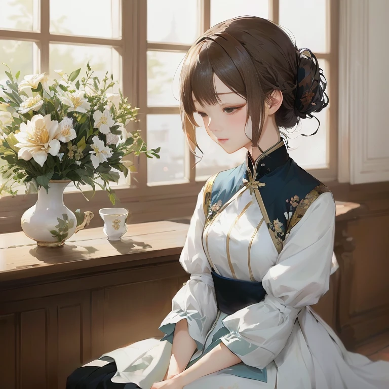 anime girl sitting in front of a window with a vase of flowers, palace ， a girl in hanfu, artwork in the style of guweiz, guweiz, guweiz on pixiv artstation, smooth anime cg art, guweiz masterpiece, beautiful character painting, guweiz on artstation pixiv, beautiful anime portrait, from girls frontline