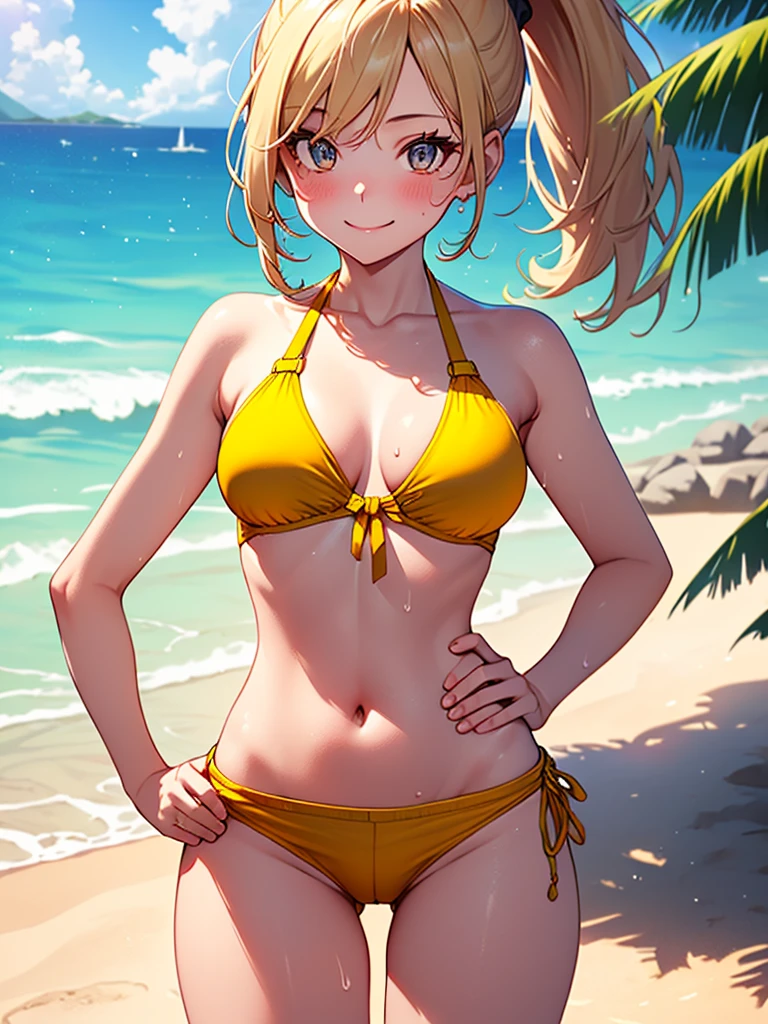 (highest quality, High resolution, perfect pixel, Depth of bounds written, 4K), from front, beach, detailed eyes, (1 lady), tall, (skinny body:1.2) , (thin thighs:1.2), (small butt), large breasts, blond hair, (ponytail:1.2), yellow, (short pants bikini:1.2), (cross halter), (panty strap:1.2), (standing), left Hand on Hip, (light smile), blush, sweat, 