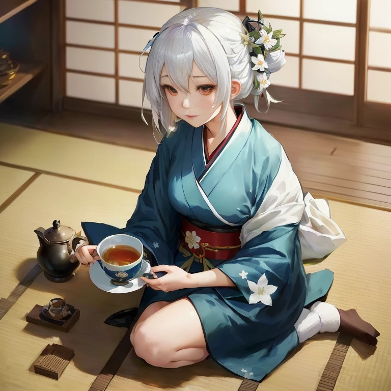 anime girl in kimono outfit sitting on the floor with tea, kantai collection style, white haired deity, drinking tea, is ((drinking a cup of tea)), guweiz on pixiv artstation, young anime girl, shikamimi, relaxed dwarf with white hair, anime style 4 k, anime visual of a cute girl, anime moe artstyle