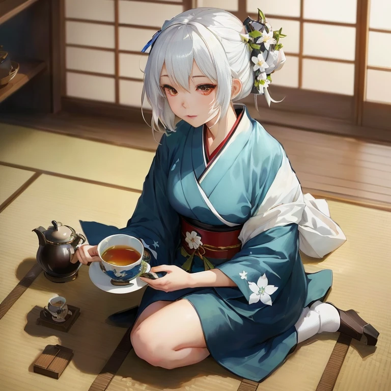 anime girl in kimono outfit sitting on the floor with tea, kantai collection style, white haired deity, drinking tea, is ((drinking a cup of tea)), guweiz on pixiv artstation, young anime girl, shikamimi, relaxed dwarf with white hair, anime style 4 k, anime visual of a cute girl, anime moe artstyle