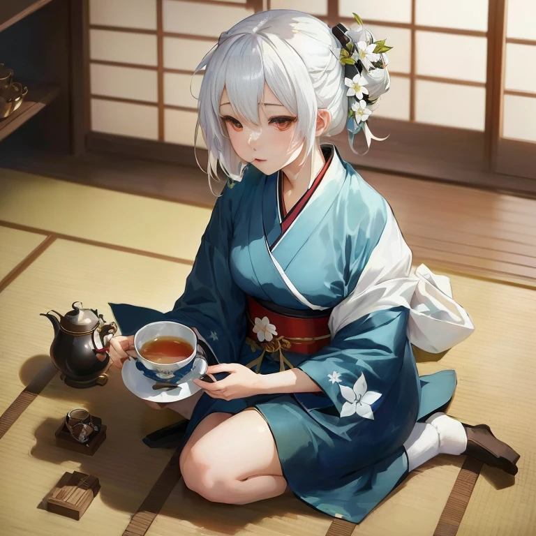 anime girl in kimono outfit sitting on the floor with tea, kantai collection style, white haired deity, drinking tea, is ((drinking a cup of tea)), guweiz on pixiv artstation, young anime girl, shikamimi, relaxed dwarf with white hair, anime style 4 k, anime visual of a cute girl, anime moe artstyle