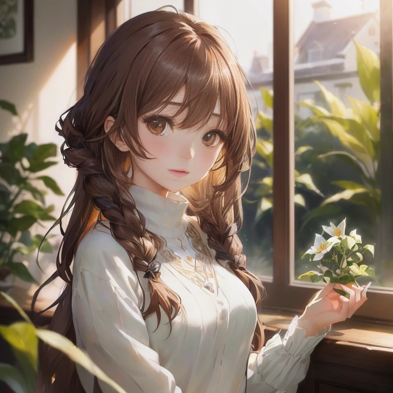 anime girl with long brown hair holding a flower in front of a window, beautiful anime portrait, kawaii realistic portrait, portrait anime girl, detailed digital anime art, cute anime girl portrait, painted in anime painter studio, cute anime girl, artwork in the style of guweiz, portrait of an anime girl, beautiful anime girl, lofi portrait, anime girl portrait