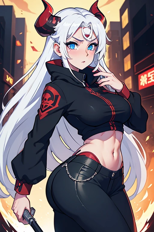 -anime style- -artwork- -super high quality- -4k- A beautiful woman, adult, angelic face, white skin, perfect nose, long shiny white hair, bright blue eyes, red horns, super sexy body, breasts and super large butt, 2.16 meters tall, with a serious expression and dressed in a red and black sweatshirt, black cloth pants, walking through the city that seems somewhat small to her