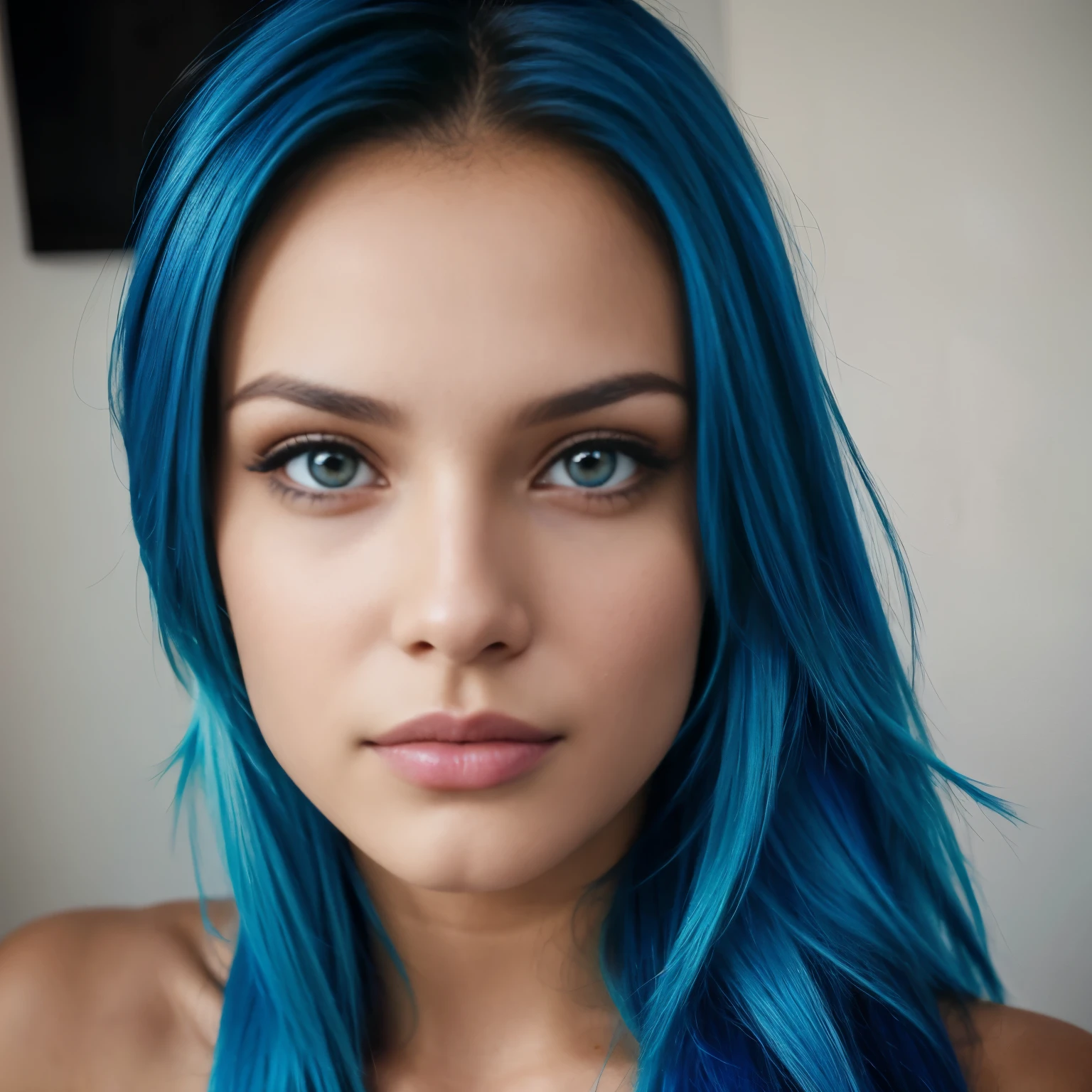 Chica hermosa, Brazilian model, 21-year-old, electric blue hair model, mirando a la camara, mujer de rostro hermoso, mujer de cabello largo, 