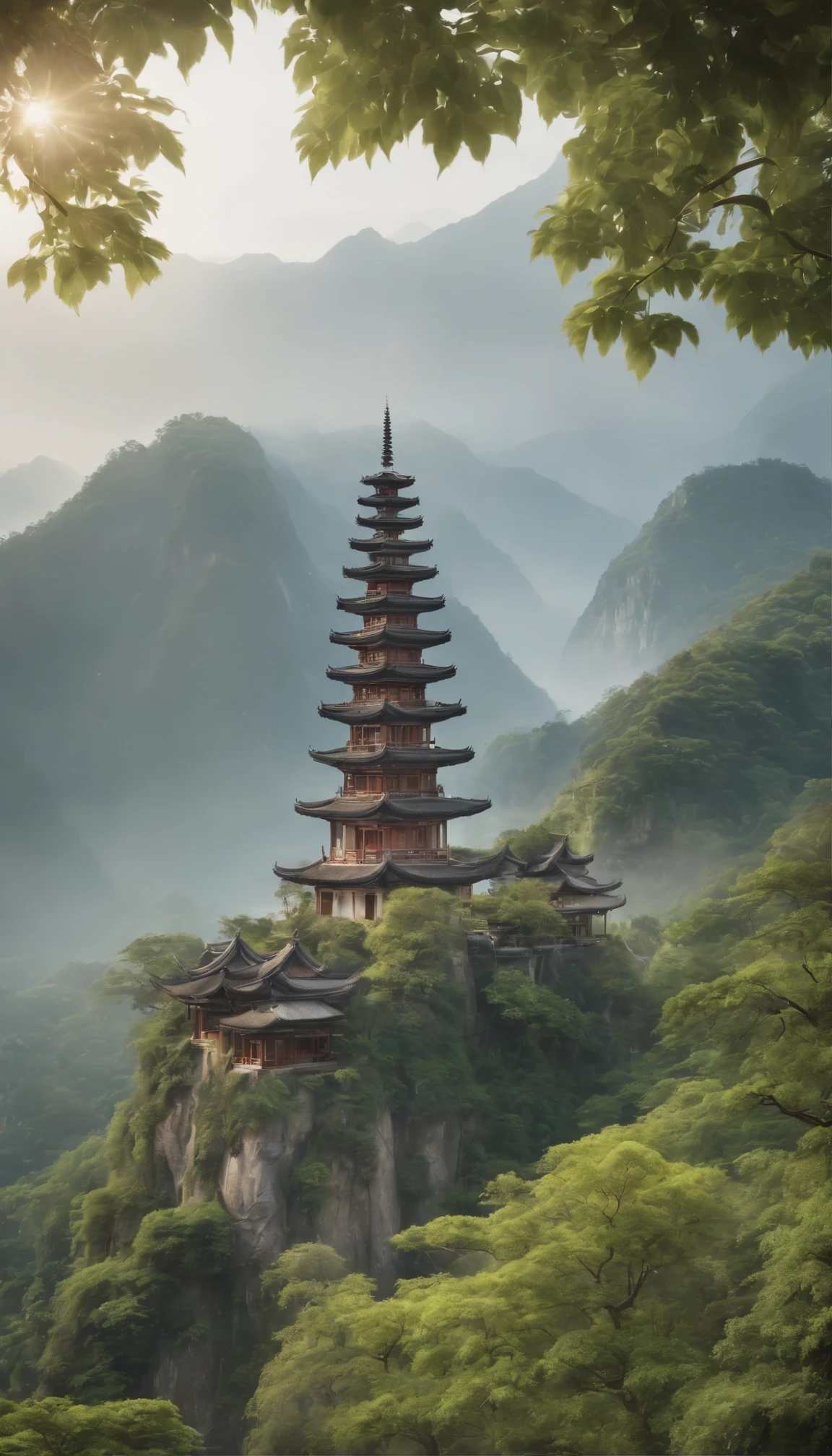 Witness the awe-inspiring and impressive fantasy landscapes painted by Han Gun, the esteemed winner of the CG Society competition。This masterpiece is、It shows the harmonious coexistence of nature and the ancient world.。At the center of this scene is、It features mountain views boasting breathtaking waterfalls cascading from towering heights。The mountains are adorned with lush greenery.、In the middle of it all stands a magnificent pagoda enveloped in a soft, mysterious glow.。Pagoda、The architectural wonder、From the Fog々and rose、Its wooden structure is、Echoes the serenity and grandeur of。