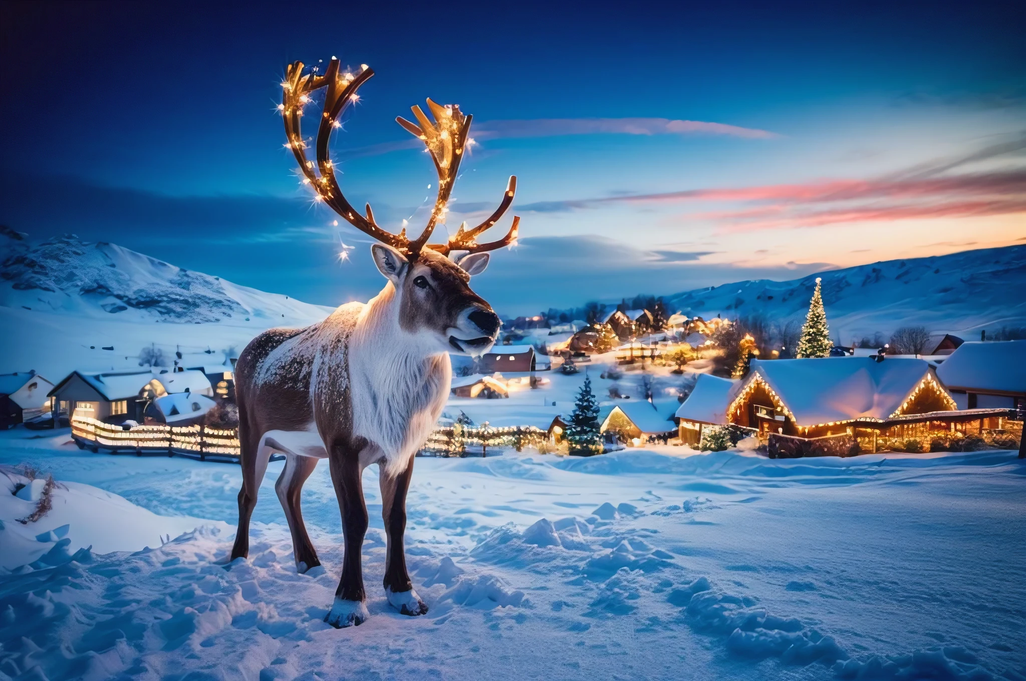 A stunning high-quality Christmas photograph, reminiscent of a National Geographic cover, featuring a snow-covered landscape. In the foreground, a majestic reindeer stands proudly, its antlers adorned with twinkling lights. In the background, a quaint village is nestled among the snowy hills, with the warm glow of Christmas lights illuminating the quaint houses. The sky above is a deep blue, with a touch of pink and orange hues as the sun sets, creating a breathtaking contrast against the snowy scene., photo