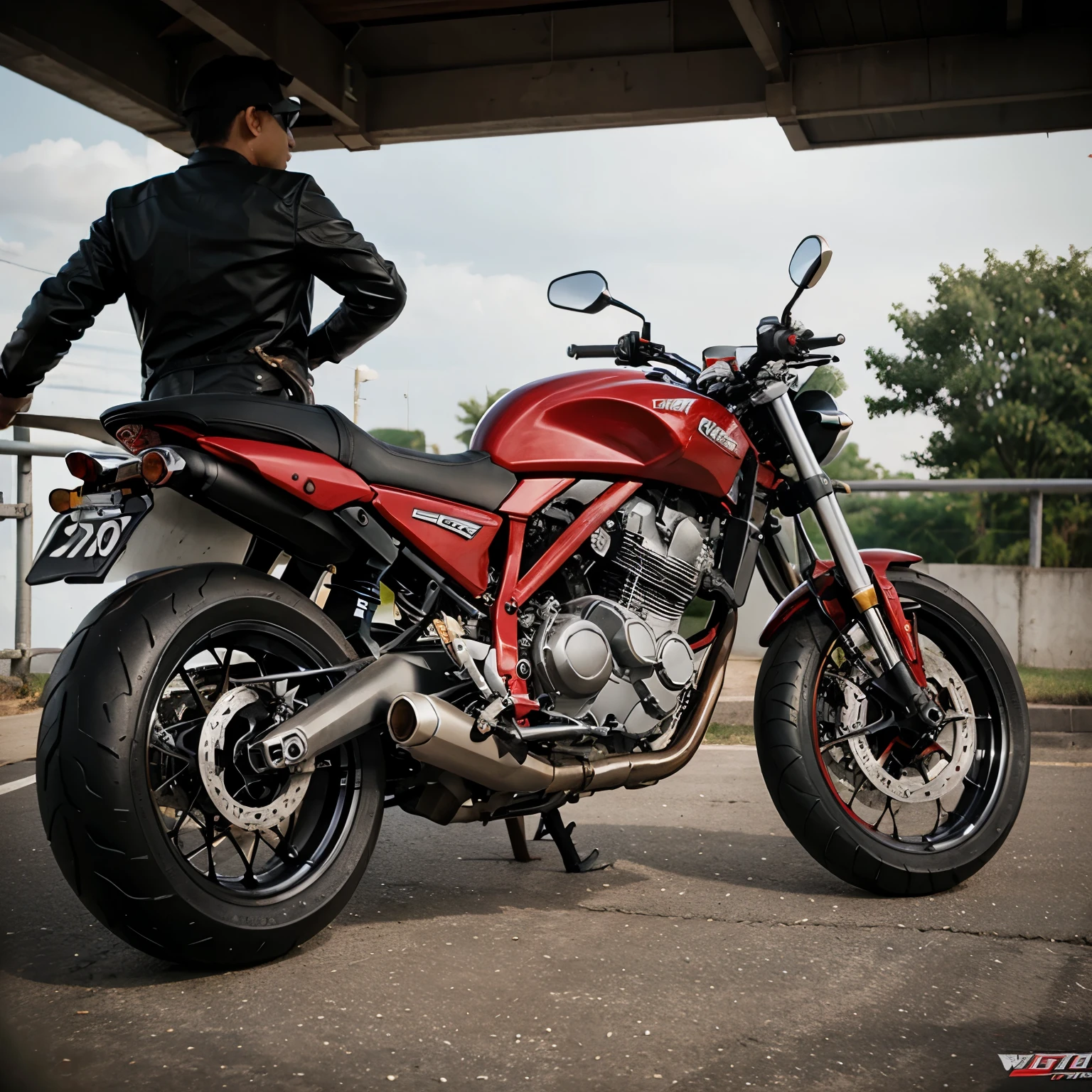 Red cafe racer motorcycle with white details