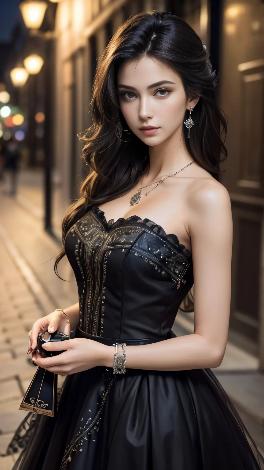 (masterpiece, highest quality, The finest details, Realistic, Award-winning photography :1.5), beautiful european young woman, pretty girl, model, I am an idol, Delicate face, (chest), (The body is slim:1.2), Beautiful Eyes, No makeup, Straight Hair. Wearing a black frilly dress. Decorate your earrings, Colorful bracelets with pendants, Grin, Midnight Street View, At night. Sharp focus.