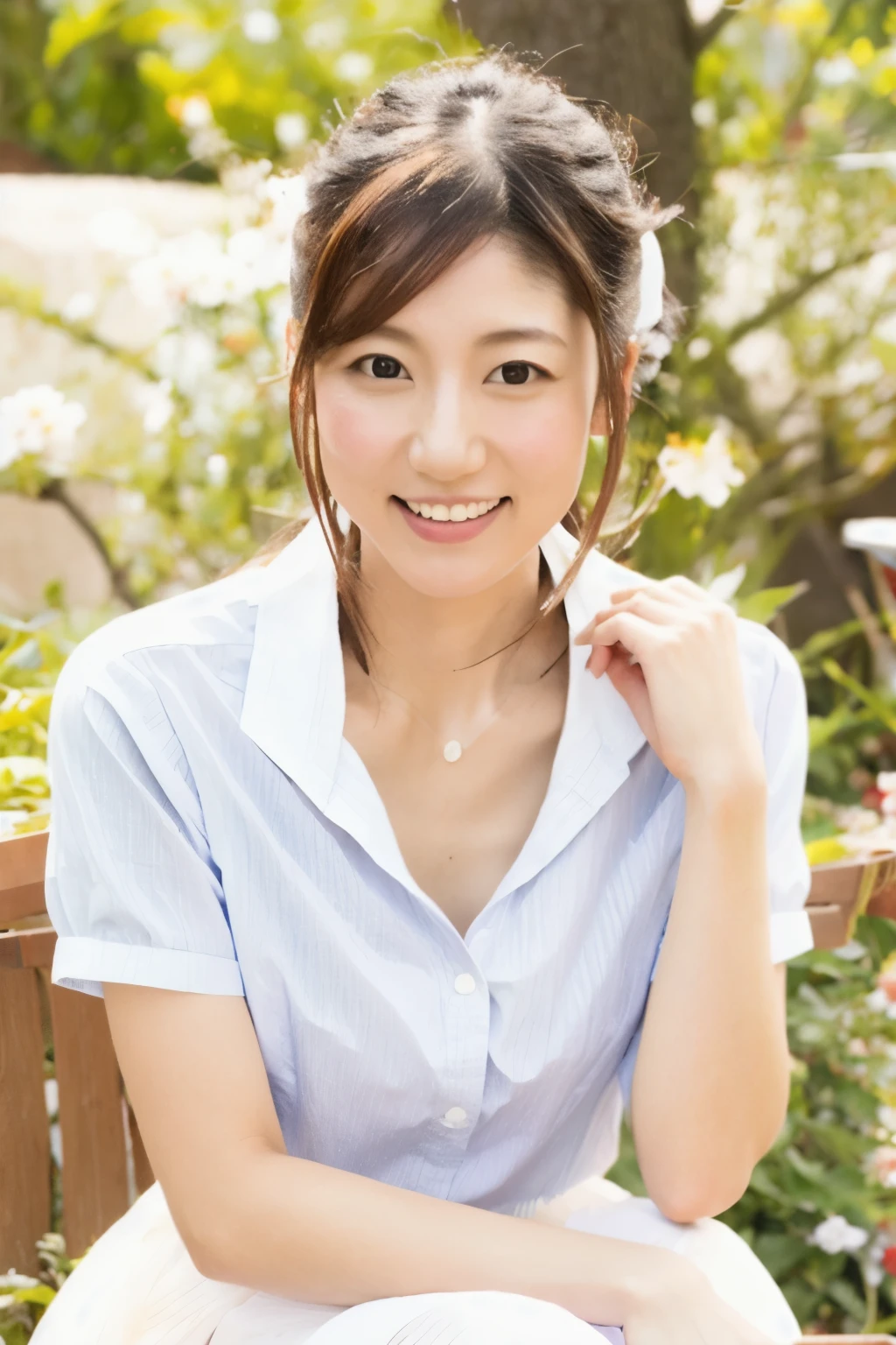 Masterpiece, high quality, high resolution, 8K, ((Skinny Japanese woman in a costume which consists of a short-sleeved white shirt and a light-brown long skirt)), beautiful face, natural makeup, detailed face, detailed eyes, a photo that feels endearing