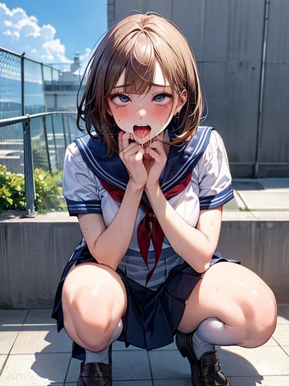(((Perfect Anatomy, Anatomically correct, Very detailedな肌))), 1 girl, Japanese, high school girl, Shiny skin,
Beautiful Hair, Beautiful Face, Beautiful fine details, (short hair:1.1, Bobcut:1.2), Dark blonde hair:1, blue eyes, Baby Face, Mole under the eye,
Beautiful clavicle, Beautiful body, Beautiful breasts, Large Breasts:0.5, Beautiful thighs, Beautiful feet,
((Short sleeve, cute navy sailor suit, Navy Pleated Skirt, Navy sailor collar, Blue Sailor Scarf, stockings, Brown Loafers)), Captivating thighs, ,
((Ahegao, Embarrassing, Drooling, Open your mouth, Sweaty)), ((squat, Spread your legs, Show your side)),
(Beautiful views), summer, School rooftop, building, Chain link fence,
8k, highest quality, Masterpiece:1.2, Very detailed), (Realistic), Beautiful illustrations, Natural light, Is urinating