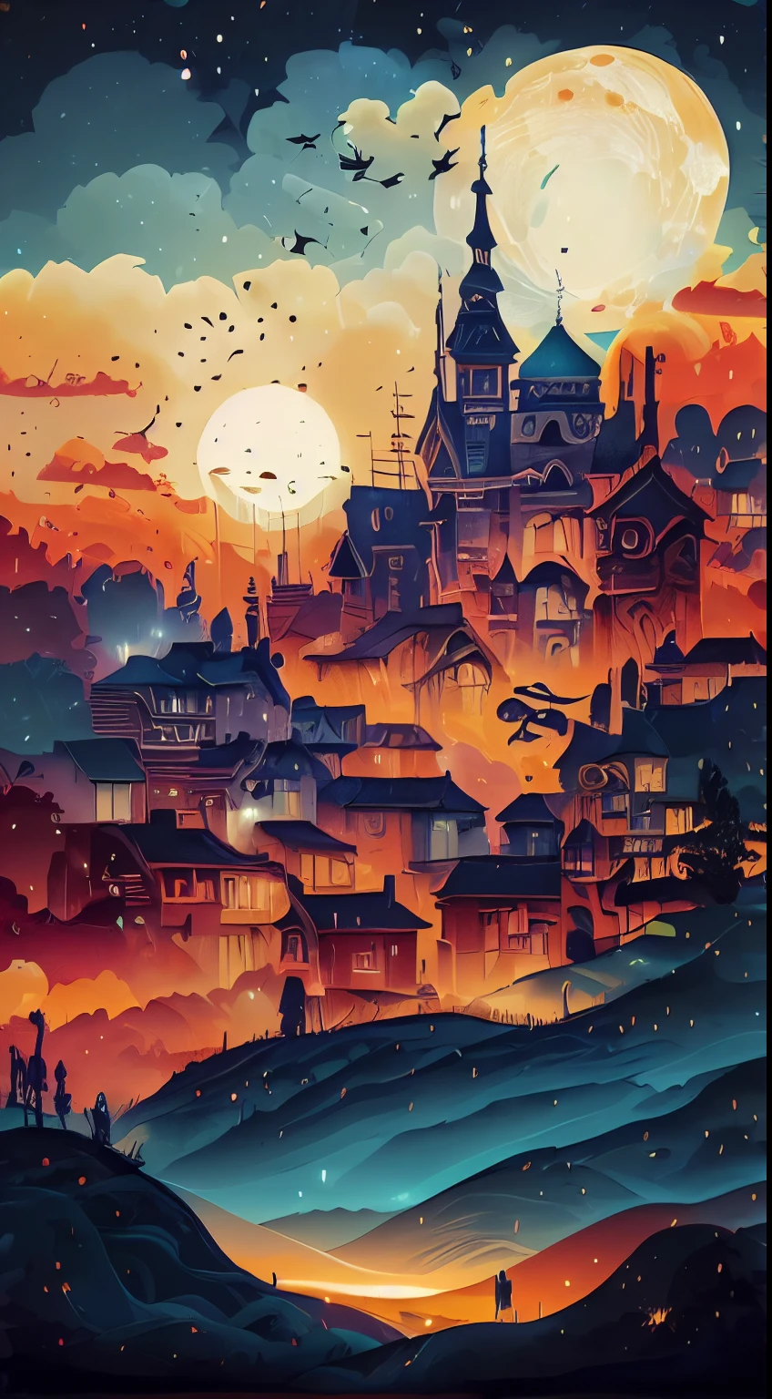 illustration of a city at night with a full moon, Arte digital detalhada em 4k, Arte digital altamente detalhada em 4k, bela arte uhd 4k, pintura detalhada 4k, Arte detalhada de alta qualidade em 8K, inspirado em Cyril Rolando, cidade santa | illustration, papel de parede ilustrativo 4k hd, estilo de arte impressionante, stunning digital illustration, a beautiful artwork illustration